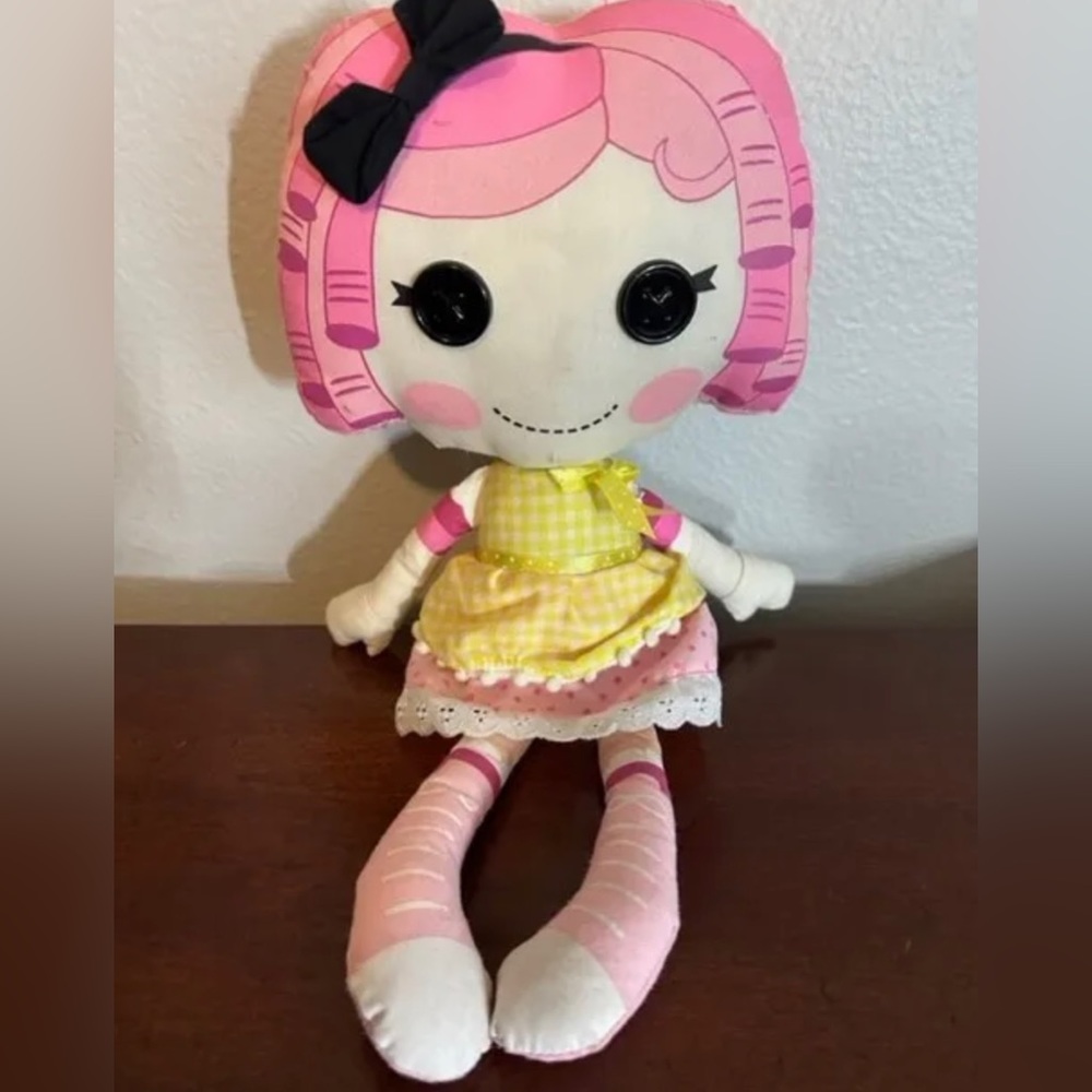 LaLaLoopsy Fabric Doll Plush Button Eyes Pink Yellow Dress Bow 17" Cloth Hair